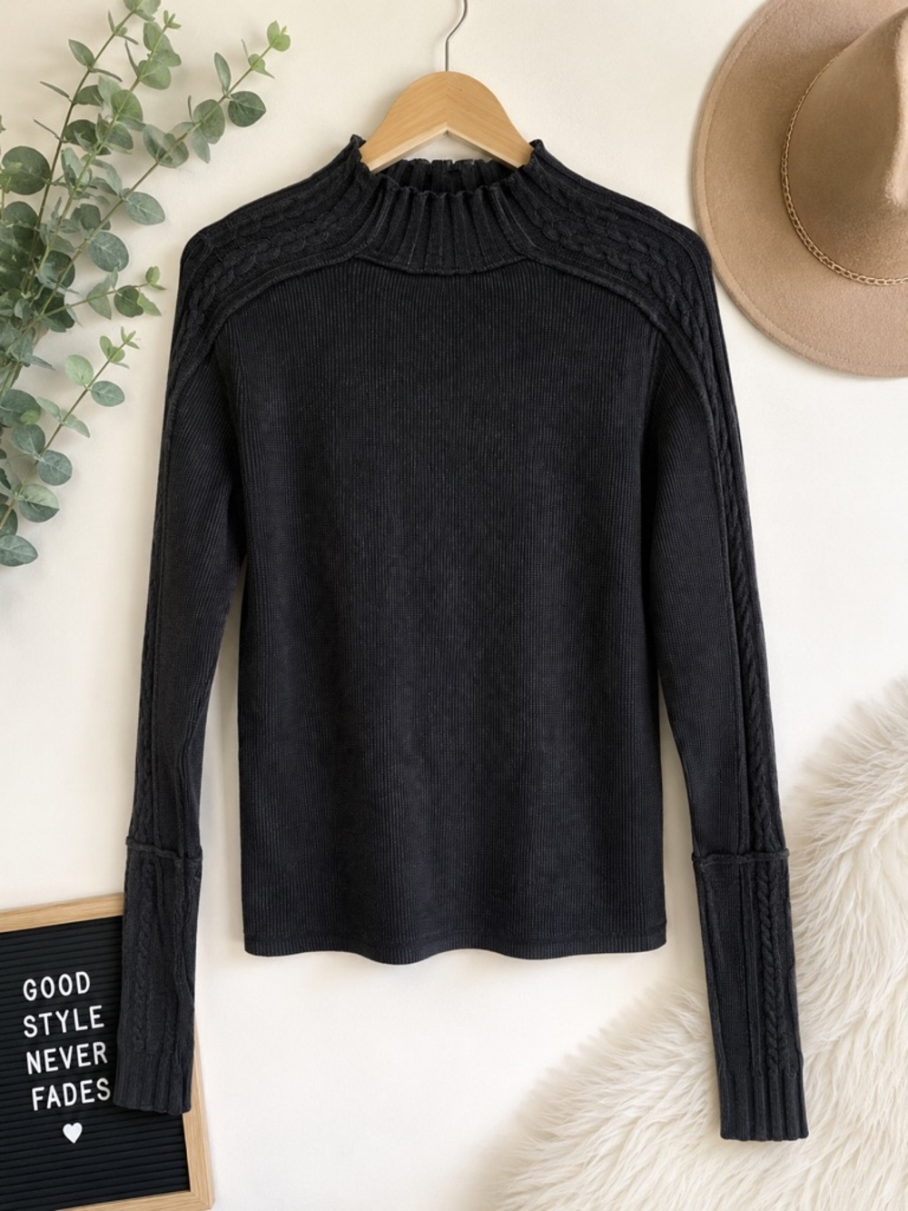 We The Free NWT Large Black Mock Neck Thermal Knit Cotton Sweater